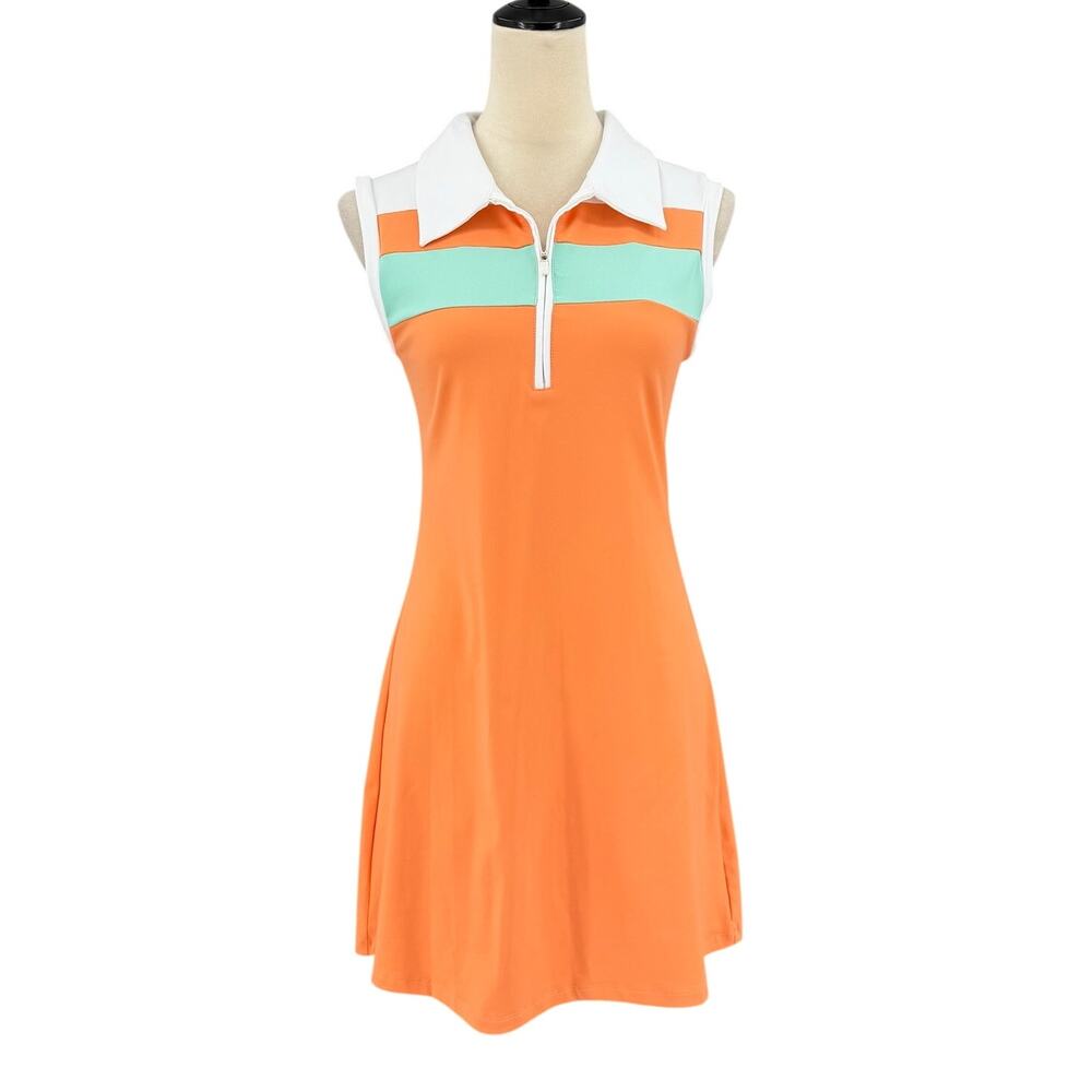 TCEC NEW Crushing It Orange Mint White Collared Athletic Zip Mini Tennis Dress